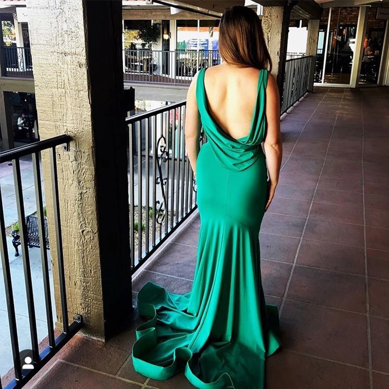 Sexy Com Decote Em V Sereia Vestidos de Noite Verde Escuro Elastic Cetim Backless Prom Vestidos Longos 2019 Nova Mulheres Evening Formal Vestido de Festa