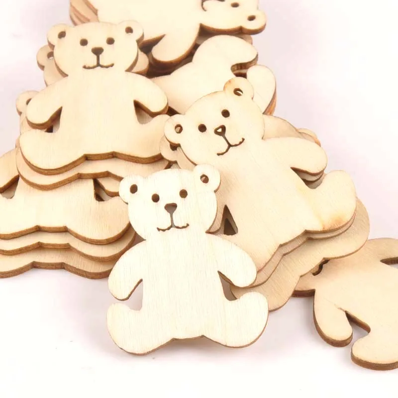 10pcs 41x48mm Bear Pattern Wood DIY Crafts Scrapbook DIY For Home Decor Natural Wooden Ornaments Accessories Embellishment m1757