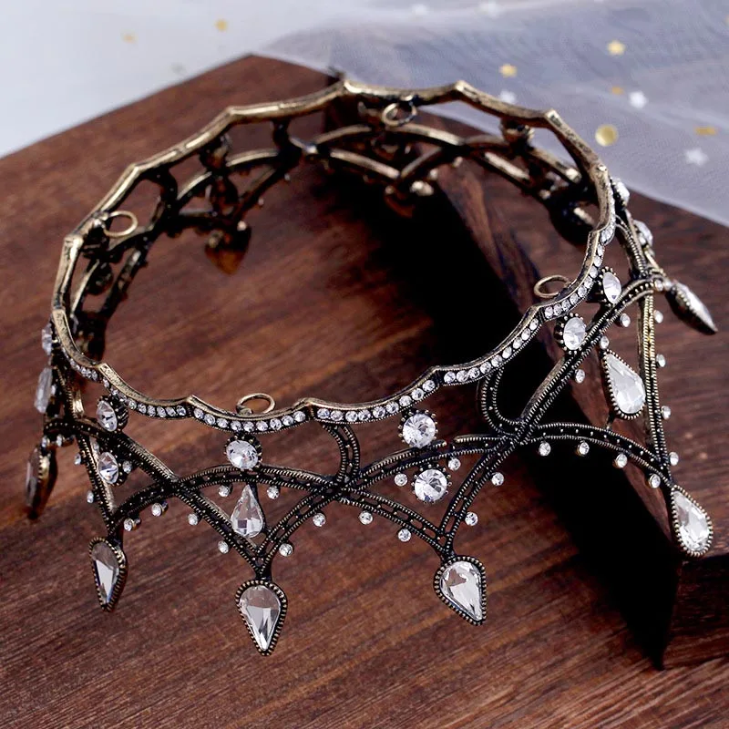 FORSEVEN Vintage Baroque Bridal Wedding Hair Accessories Black Rhinestone Crystal Tiaras Crown Bride Diadem Jewelry for Women BH