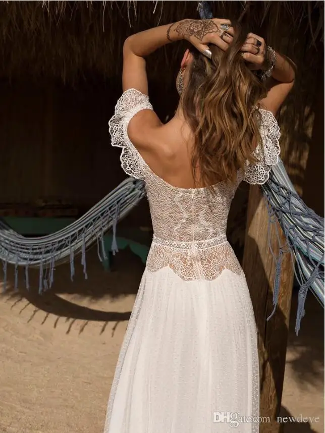 2019 Bohemian Wedding Kleider Spitze Weg Von Der Schulter Brautkleider Sexy Backless Strand A-Line Hochzeit Kleid Robe De Mariee