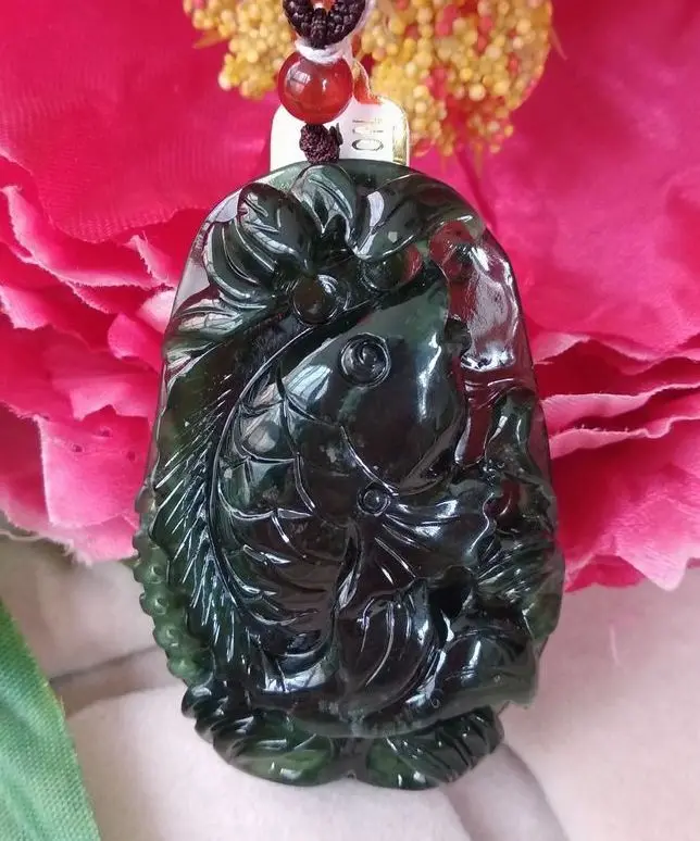 Natural Exquisite Shandong Xiuyan Translucent Dark Green Jade Hand Carved Jadite Fish Pendant Cyprinoid Amulet Necklace Nice