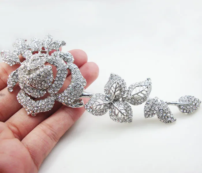 Bride Elegant Clear Rose Flower Brooch Pin Bridesmaid Wedding Rhinestone Crystal