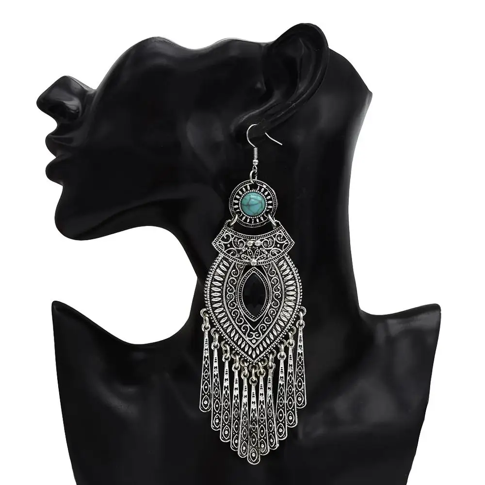 Thailand Silver Color Vintage Indian Big Long Tassel Statement Earrings for Women Jhumka Gypsy EgyptianTurkish Tribal Jewelry