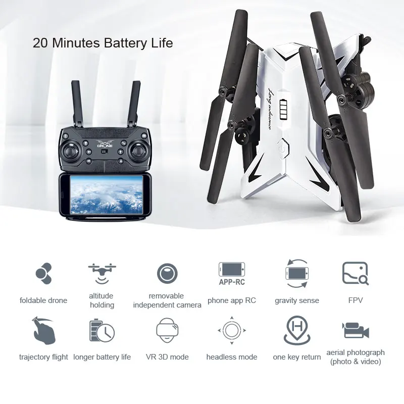 XKY KY601s 2.4Ghz RC Fold Drone Selfie Drone w/ Wifi FPV HD Camera Altitude Hold & Headless Mode RC Quadcopter Drone-20 min Fly