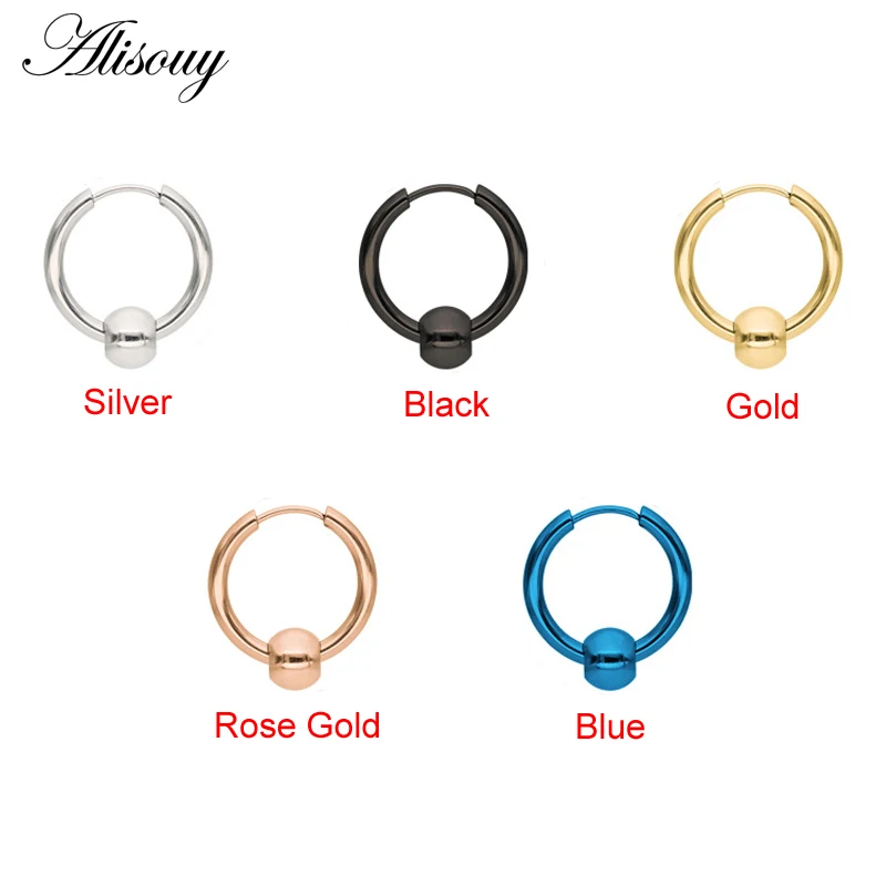 Alisouy 2pcs Hot Men Women Round Circle Pendientes Black Gold Color Stainless Steel Balls Loop Handles Hoop Huggie Earrings