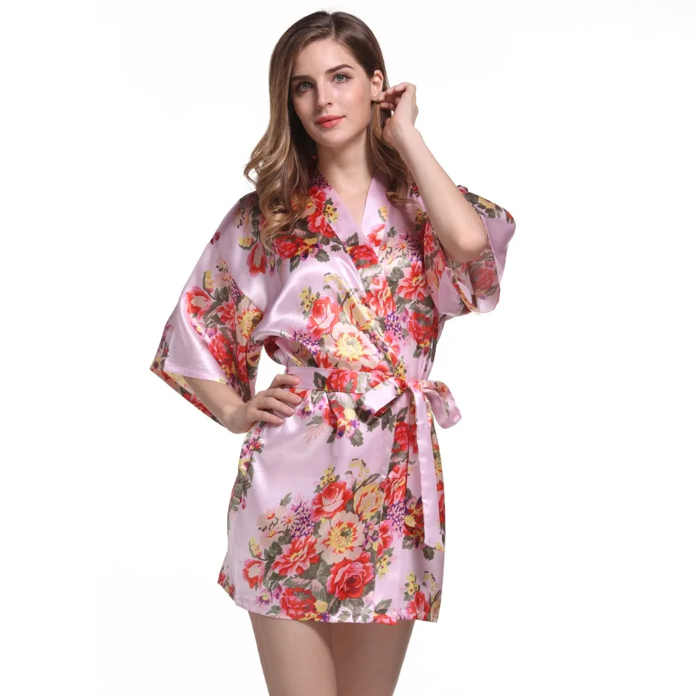 Bata de dama de honor para mujer, Kimono corto de satén, ropa de dormir, sexy, Floral, de seda, para novia