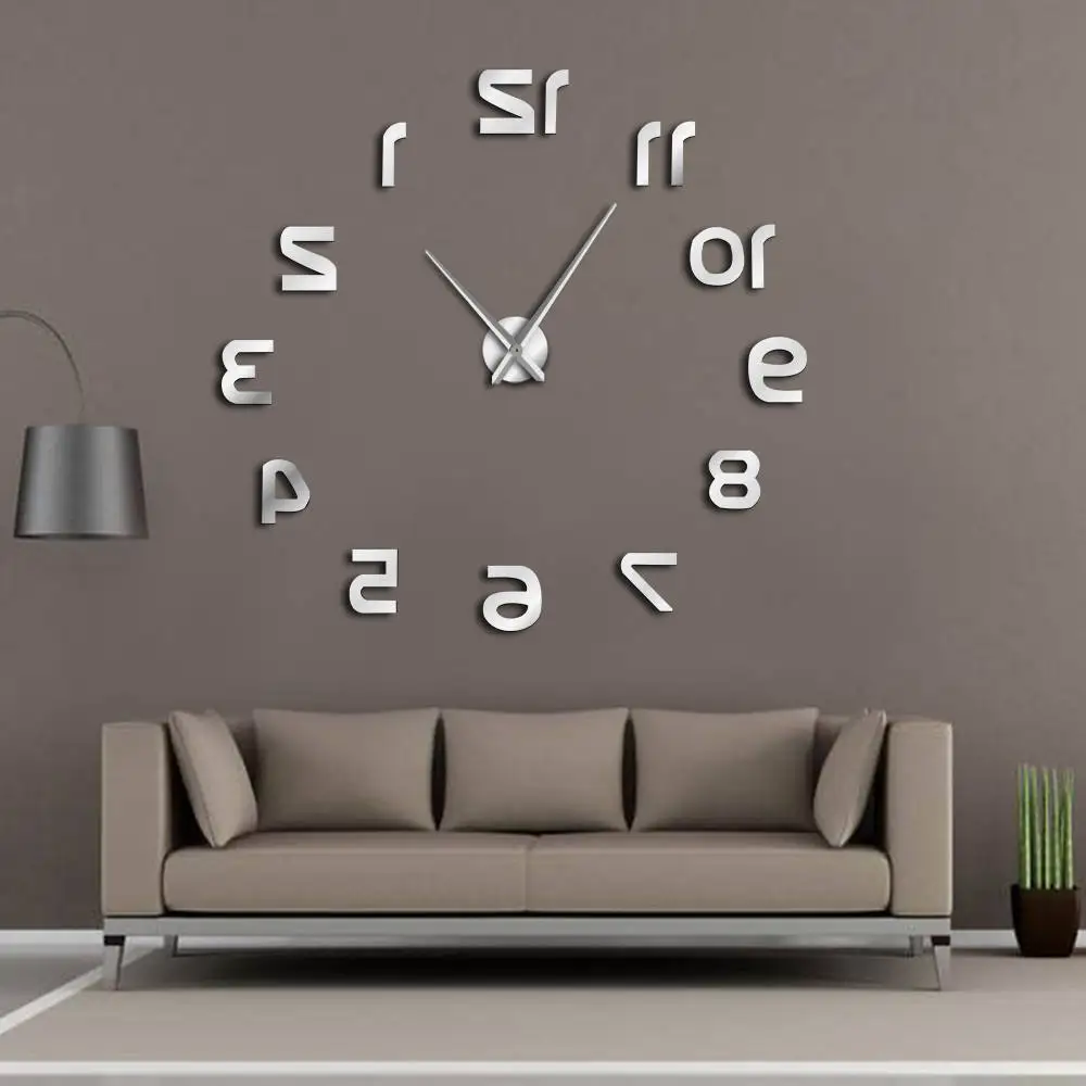 Backwards 3D DIY Large Wall Clock Modern Reverse Numbers Frameless Time Watch Luxury Mirror Effect Big Needle Reverse Clock