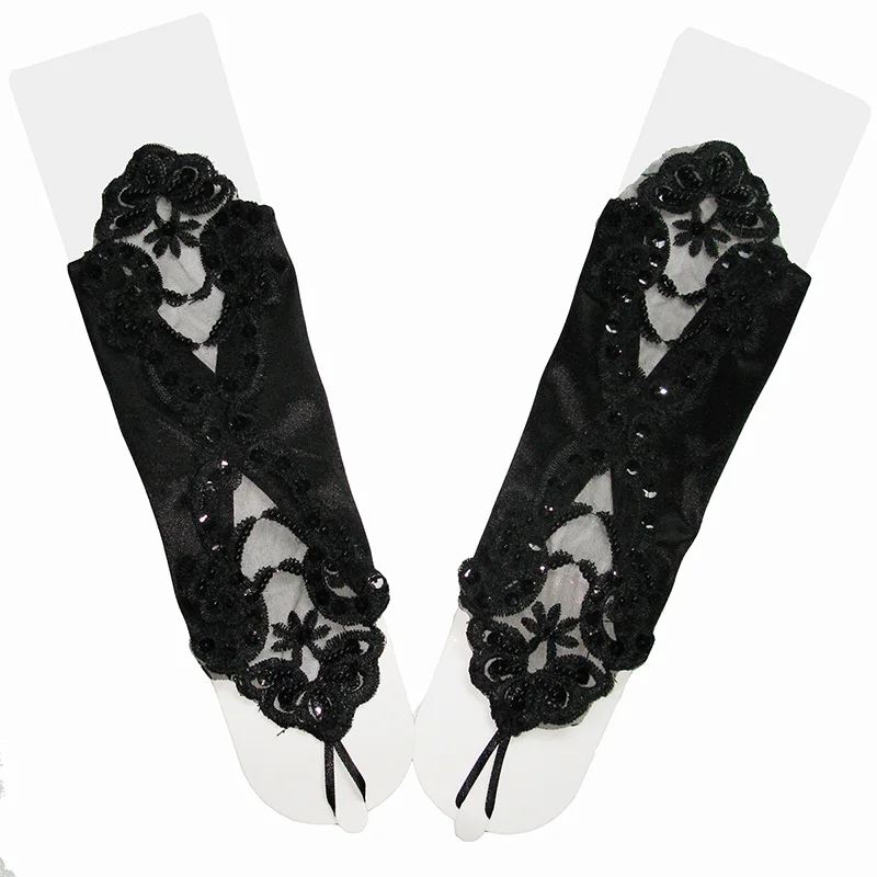 Fashion Sexy Women Female Short Half Finger Satin Seam Pearl Gloves Fashion Sexy Lady Retro Lace Driving Fingerless Gloves B96