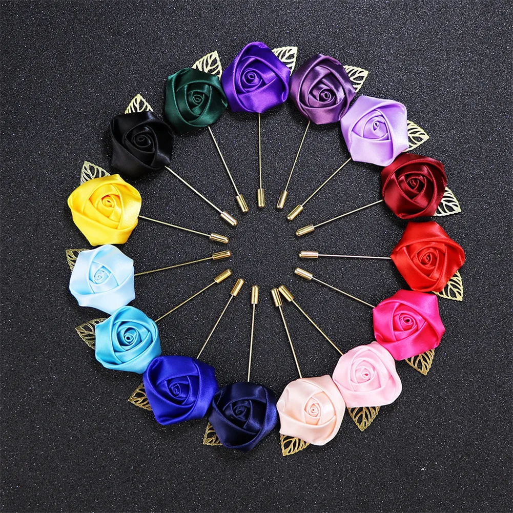 Men \'s suit Flower Brooch Pins Fabric Ribbon Tie Pin 19Colors Solid Flower Brooches for Women Lapel Pin Men Suit Accessories