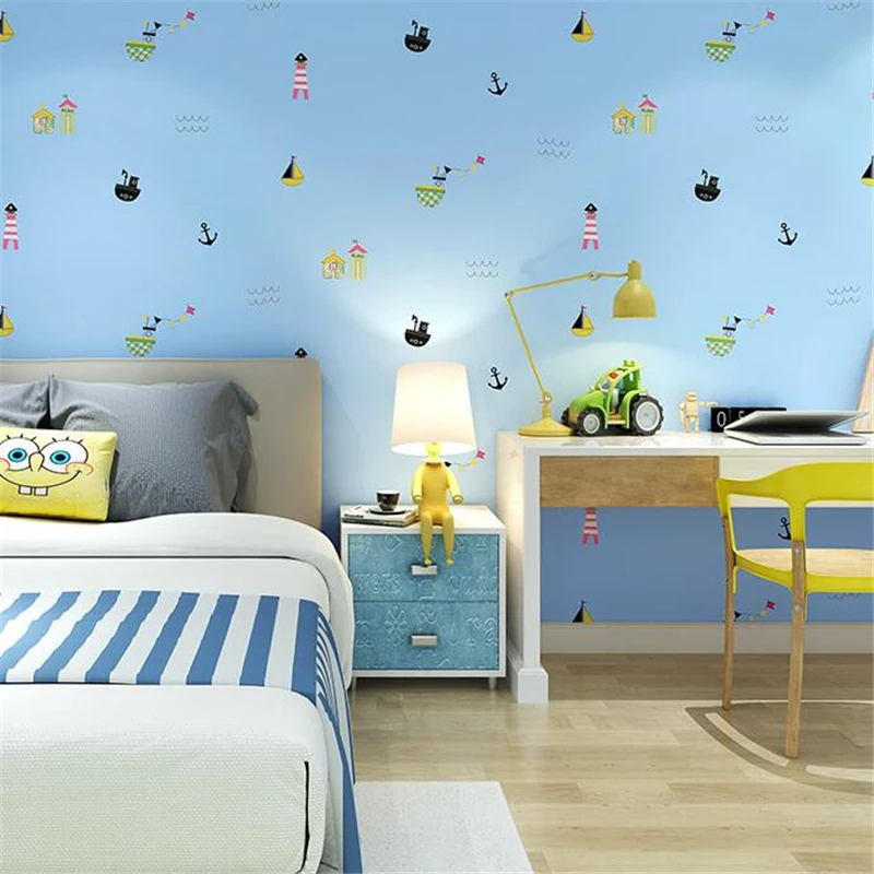 beibehang Blue cartoon lighthouse sailing children's room wallpaper boy girl bedroom nonwoven children's mediterranean wallpaper