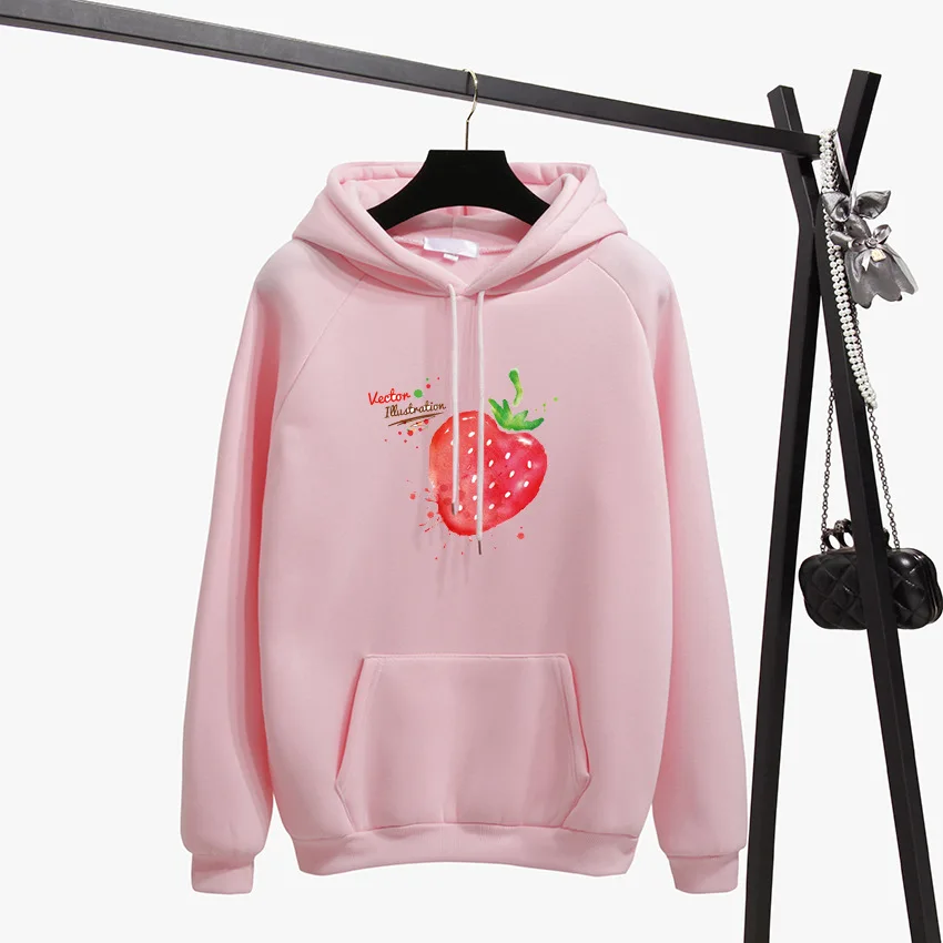 

Zuolunouba Winter Casual Women Hoodies Sweatshirt Printing Strawberry Harajuku Double Layer Cap Female Long-sleeved Pullover