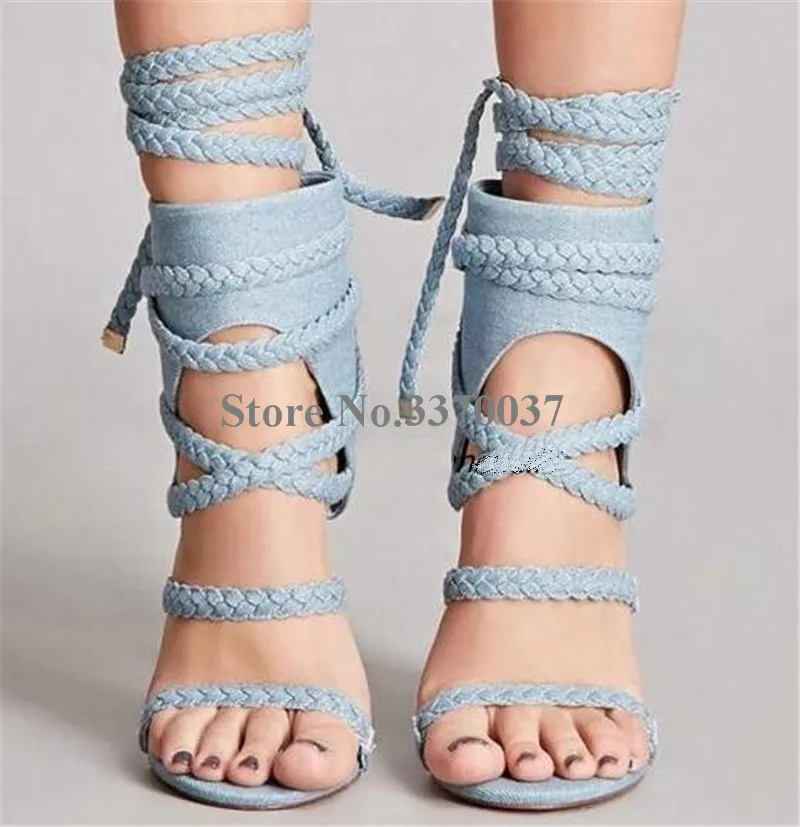 2019 Spring New Fashion Women Open Toe Suede Leather Braided Rope Straps Thin Heel Gladiator Sandals Lace-up High Heel Sandals