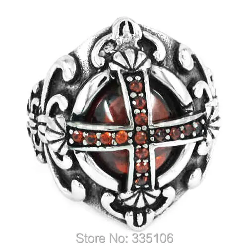 Free shipping! Red Cubic Zirconia Cross Ring With Red Rhinestone Stainless Steel Jewelry Motor Biker Ring For Men Women SWR0365