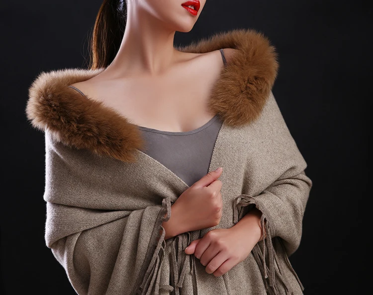 luxury shawl female ladies winter autumn spring wraps 100% pure cashmere real fox fur trim S20