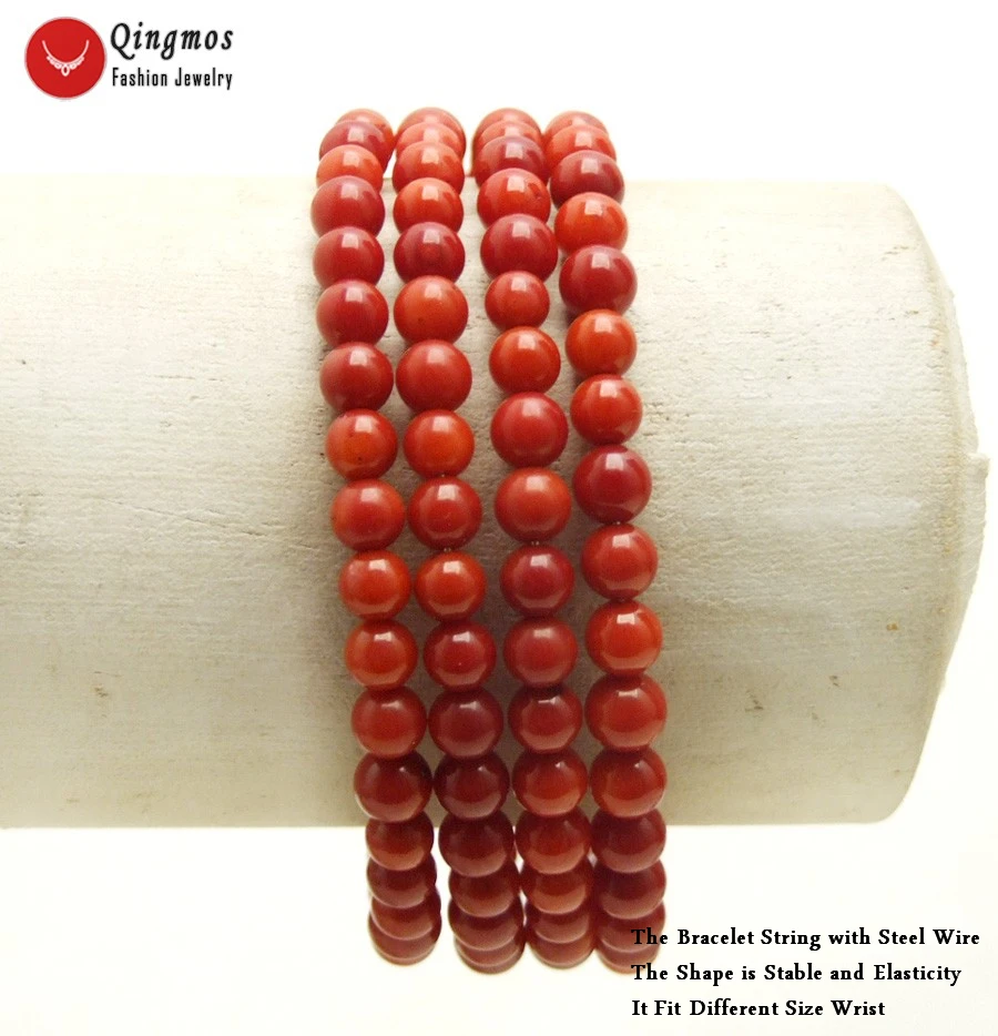 Qingmos Trendy Natural Coral Bracelets for Women with 4-5mm Round Red Coral Steel Wire Wrap Bracelet Fine Jewelry 28'' bra448