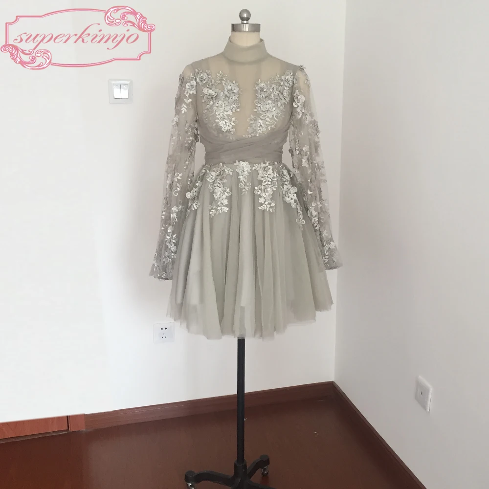 Short Cocktail Dress Homecoming Dresses High Neck Long Sleeve Mini Sliver Grey Tulle Lace Prom Dress Paolo Sebastian Real Image