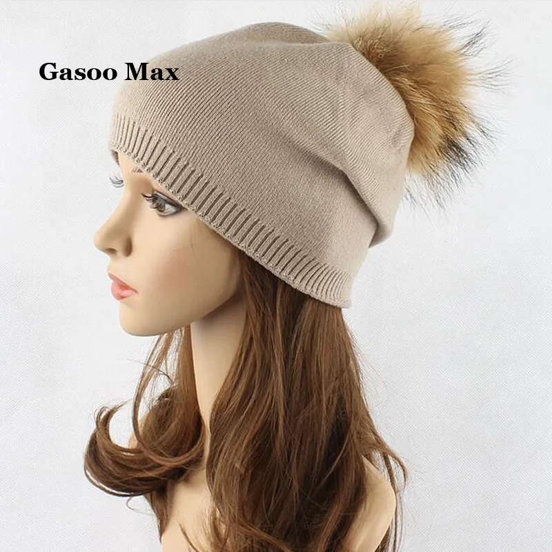 Autumn winter beanies hat Women knitted wool Skullies casual cap with real raccoon fox fur pompom girls ski gorros cap