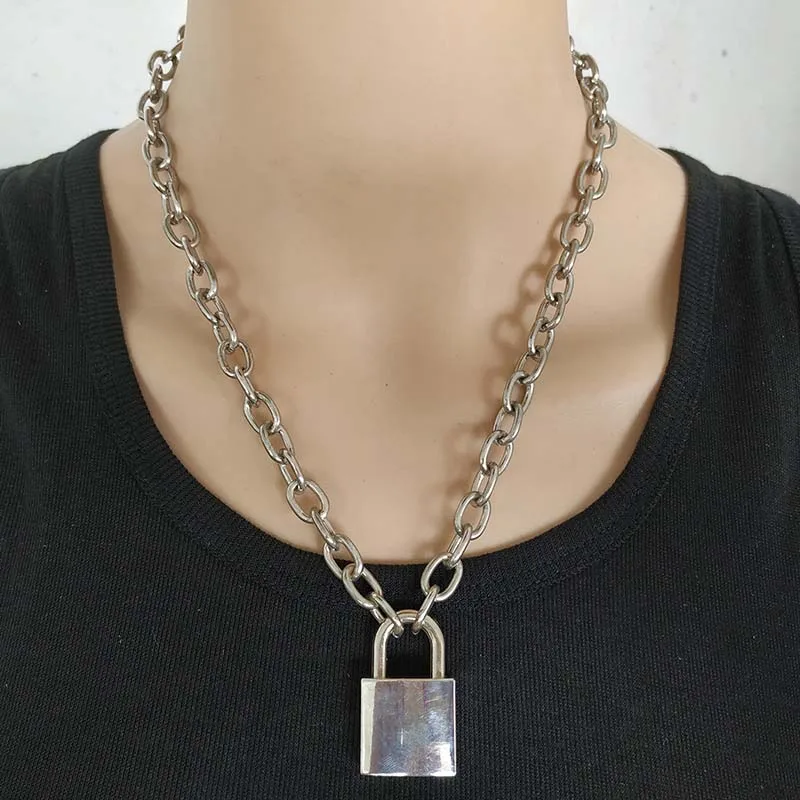 Handmade Men Women Unisex Chain Necklace Heavy Duty Square Lock Pendant Padlock Choker Metal Collar