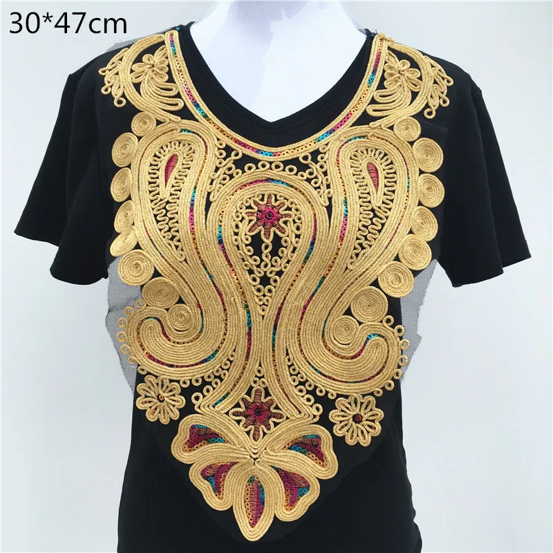 1pc Gold Embroidery Ethnic Style Collar Venise Sequin Floral Embroidered Applique Lace Neckline Collar Garment Accessories