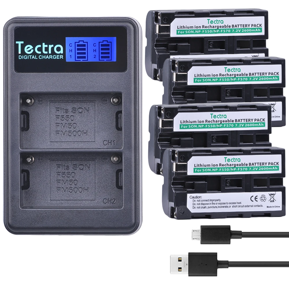 

Сменный аккумулятор Tectra NP F550, 4 шт., с ЖК-дисплеем и USB, двойное зарядное устройство для Sony NP-F550, NP-F570, CCD-SC55, CCD-TRV81, DCR-TRV210