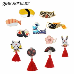 QIHE JEWELRY Japanese Style Pins Collection Sakura Nigiri Sushi Koi Ocean Wave Kitsune Brooches Asican Deco Travel Gifts