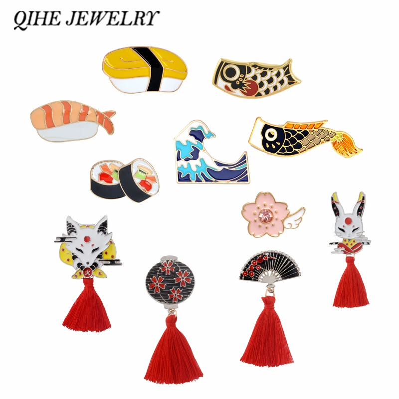 QIHE JEWELRY Japanese Style Pins Collection Sakura Nigiri Sushi Koi Ocean Wave Kitsune Brooches Asican Deco Travel Gifts