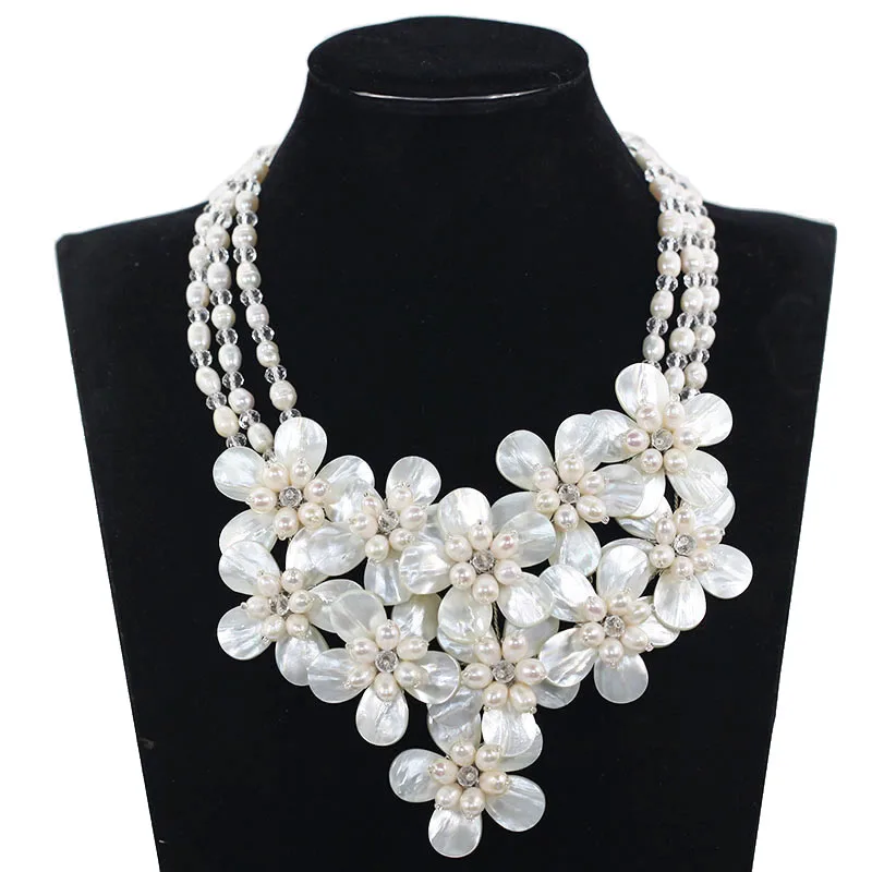 

Chunky New Fabulous Shell Flower Bib Wedding Pearl Necklace Bib Statement Necklace Freshwater Pearl Jewelry Free Shipping ABH529