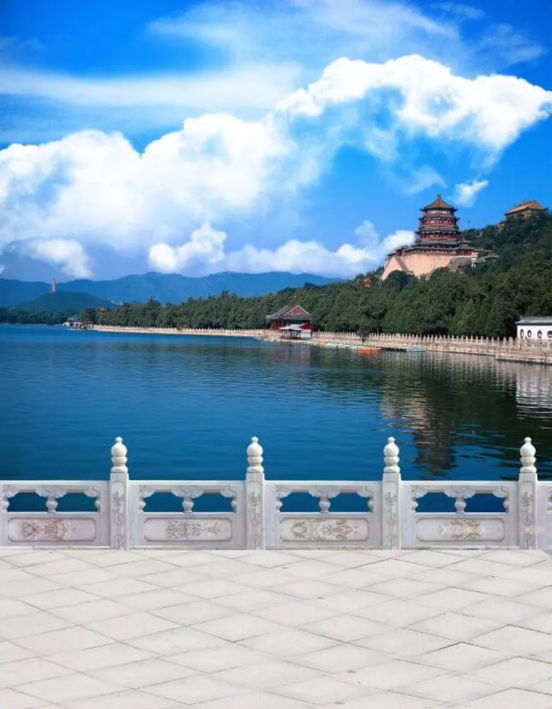 

5x7ft Chinese Traditional Building Lake Blue Sky Photography Backdrops Photo Props Studio Background