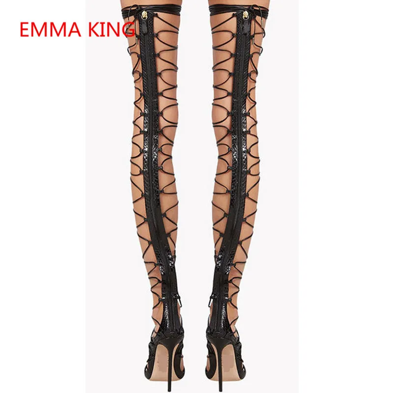 Emma King Summer Women Cross-Ties Thigh High Boots Open Toe Cut Out Sexy Women High Heels Shoes Runway Ladies Gladiator Sandals