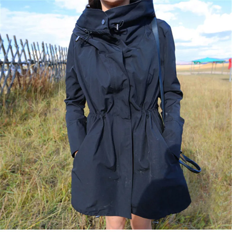 

2023 Spring Autumn Trench Coats Windproof Outerwear Causal Womens Clothing Hooded Black Windbreaker Female Tops N690