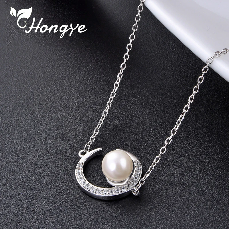 

Hongye Quality Zircon Moon Sterling Silver Necklace Modern Design Girls Shell Pearl Neck Chains 925 Silver Jewelry Long Necklace