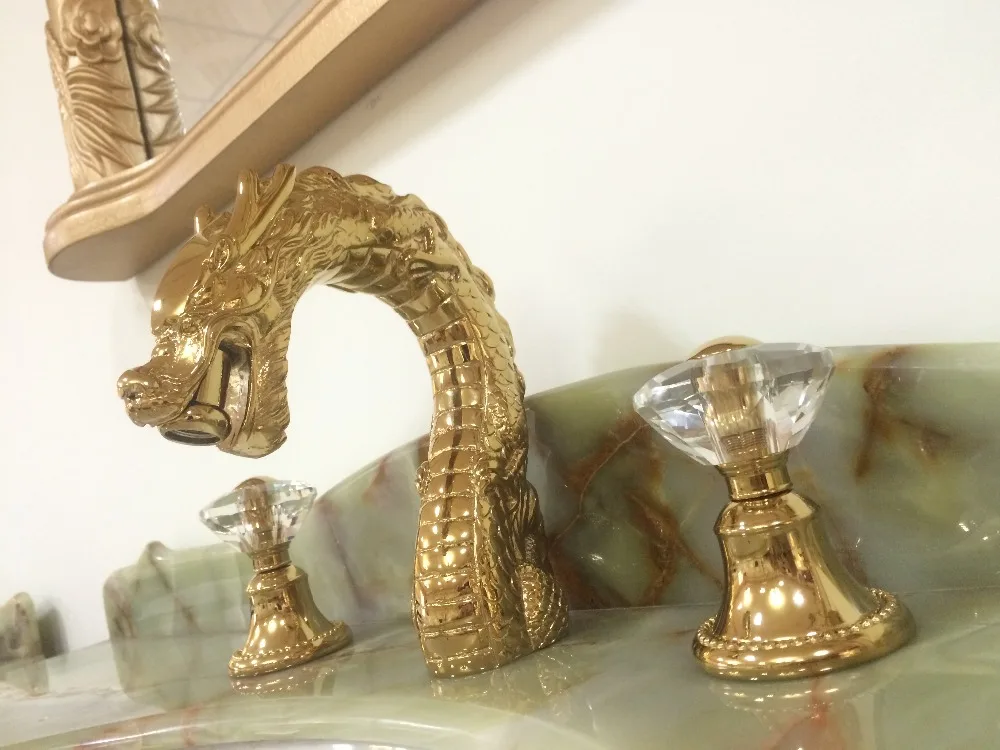 

Free ship Gold PVD color 3 Pcs 8" WIDESPREAD LAVATORY BATHROOM SINK DRAGON FAUCET mixer tap Crystal handles deck mounted