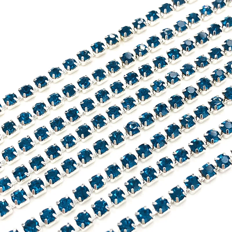 Free shipping 5 yards Super bright encryption Peacock blue 2mm-4mm silver base rhinestones cup chain,diy clothing accessories