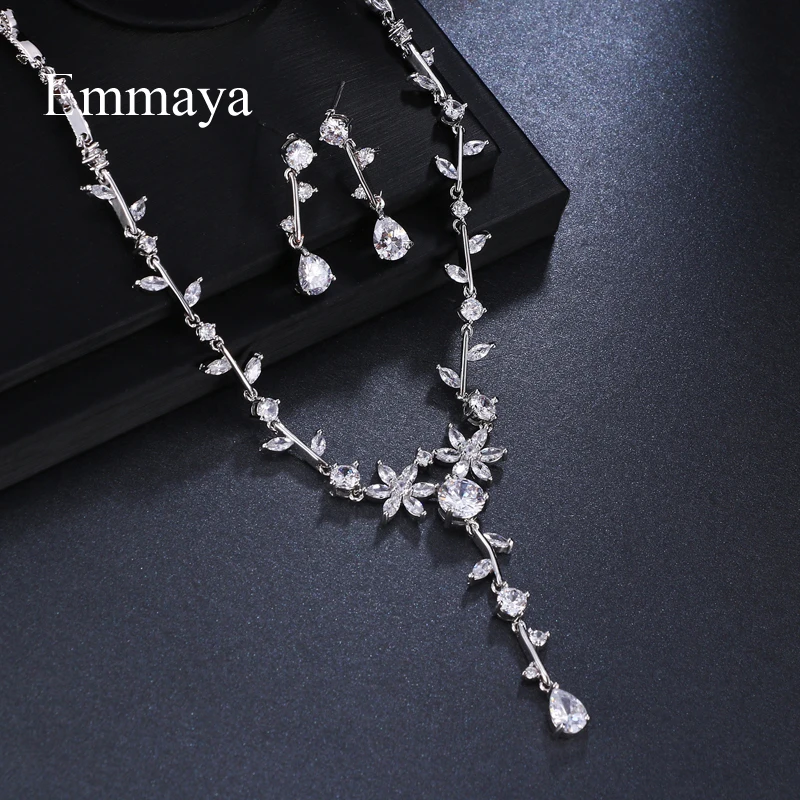 Emmaya Brand Cute Charm Plant AAA Cubic Zircon Adjustable Crystal Earrings Necklace Set For Women Popular Bride Jewelry Gift