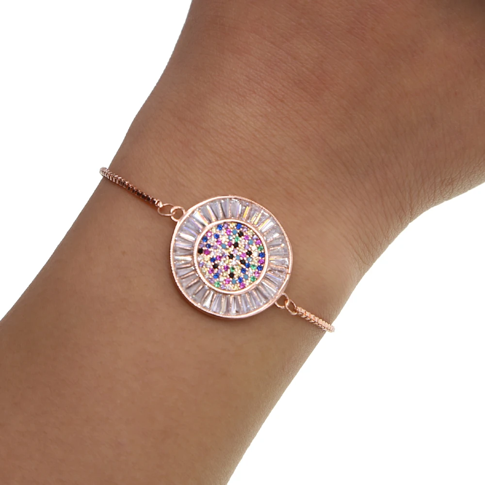 rose gold filled slider adjust chain pave multi color rainbow CZ stone round shape fashion elegant girl women nice bracelet