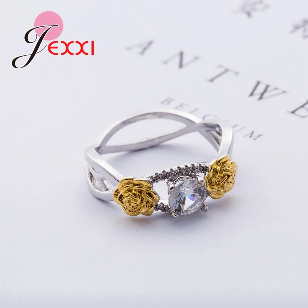 Bague géométrique en argent regardé 925 pour femmes, décoration de fleurs roses, oxyde cubique transparent, bijoux de fête pour filles, contre-indiqué, haute qualité