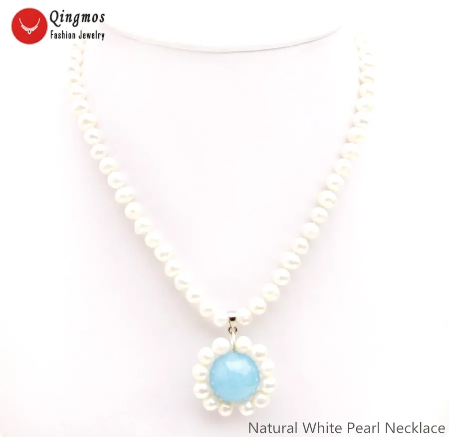 

Qingmos Natural Pearl Pendant Necklace for Women with 6-7mm White Pearl Necklace 18mm Sky-Blue Jades Stone Necklace Jewelry 17"