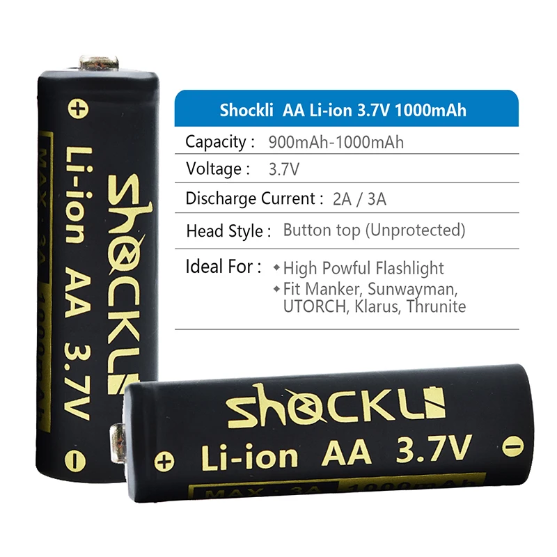 Shockli 14500 1000mAh Rechargeable batteries 3.7V Li-lion Battery  AA Batteries for LED Flashlights Headlamps