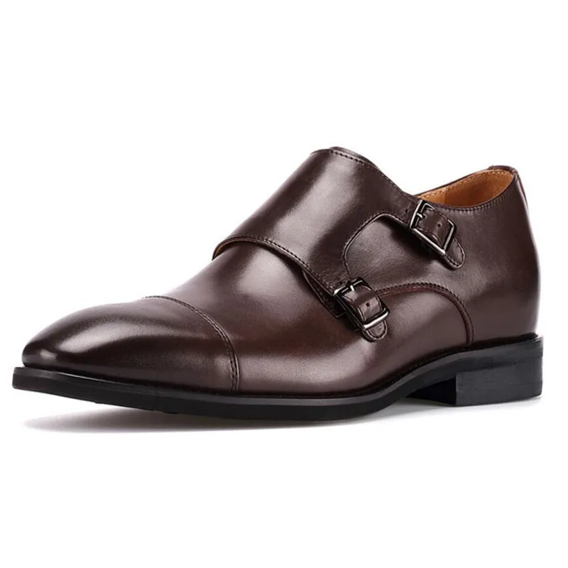 New Men Leather Monk Straps Buckle Height Increasing Shoes with Cap Toe Taller Height 6cm for Wedding Party