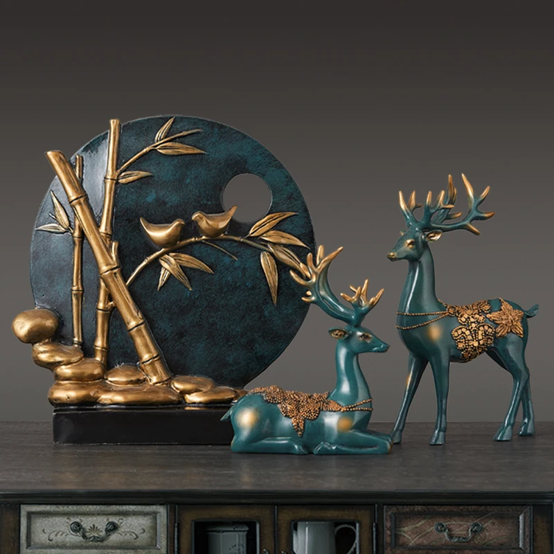 Nordic Lucky Deer Round Birds Figurine Home Furnishing Decoration Crafts Modern Livingroom Desktop Creative Resin Ornament Decor