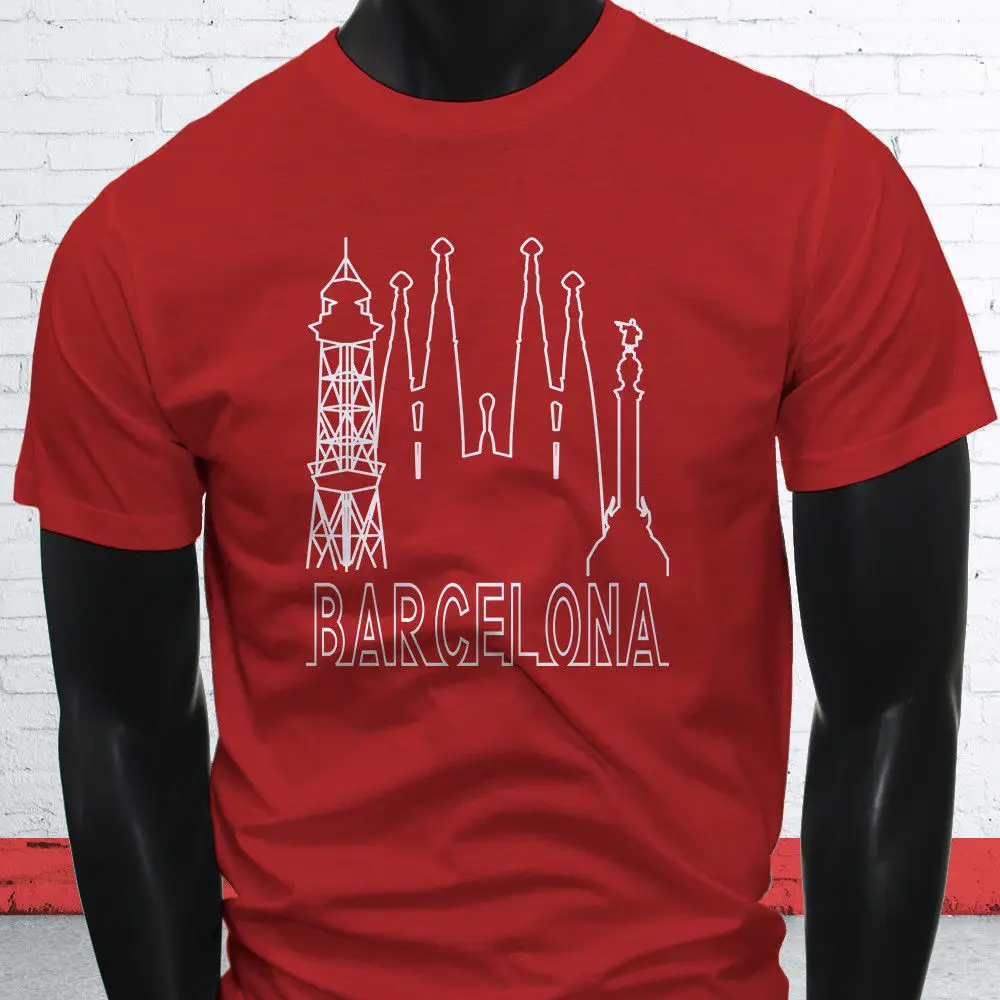 Camiseta de algodón 100% con estampado para hombre, camisa roja con estampado de Barcelona Skyline España, orgullo familiar, amor turístico, nueva moda