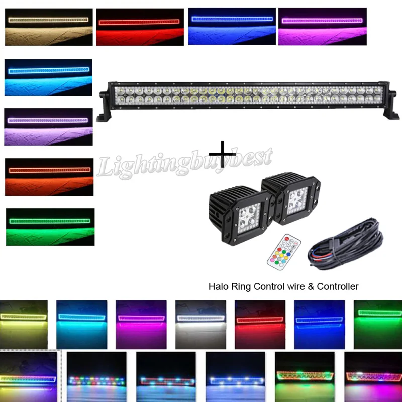 

32inch 180W Led light bar Spot Flood Combo + 2x 5" Flush Mount Led work light Pods with RGB halo ring Chasing Color Change 12V