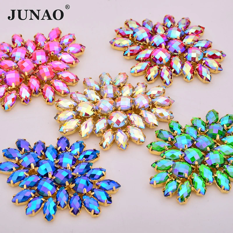 JUNAO 2pc 45*59mm Sew On Colorful AB Crystals Glass Flower Rhinestone Applique Flatback Gold Claw Strass Sewing Crystal Stones