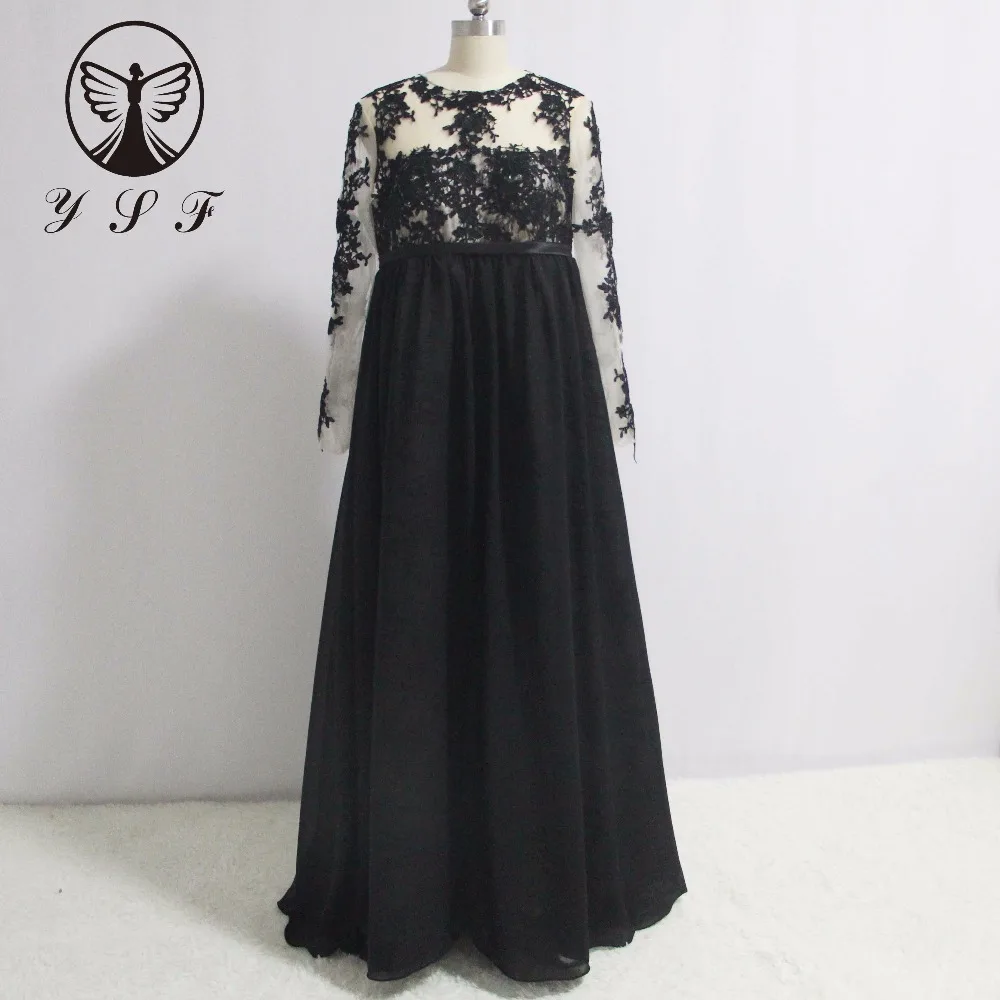 Simple Design Black O Neck Appliqued Lace Long Sleeve Empire Waist Maternity Mother of the Bride Dress