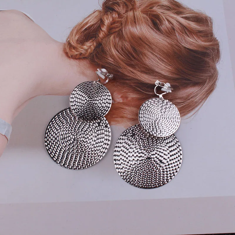 3 Colour Fashion Big Clip On Earrings Double Round Circle Pendant Long no pierced Earrings For Women Statement Jewelry