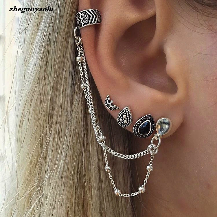 4 шт./компл. богемные серьги в стиле ретро с короной, модные женские серьги-каффы с цепочкой, серьги 2022 4 шт./компл. богемные серьги в стиле ретро с короной, модные женские серьги-каффы с цепочкой, серьги 2022