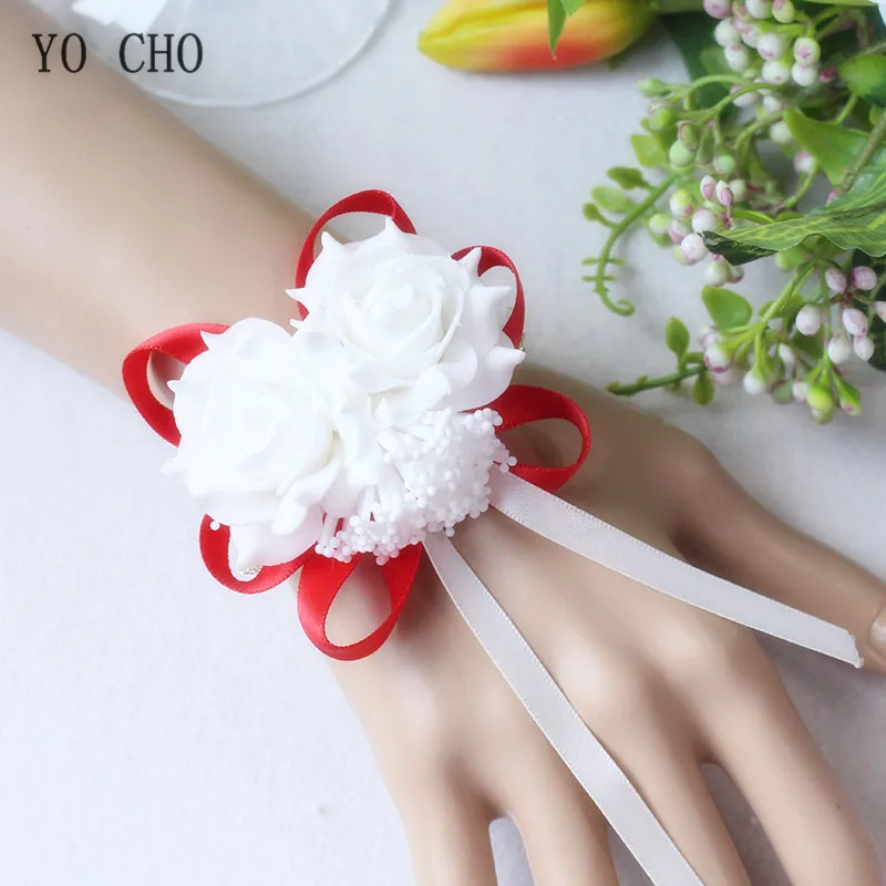 YO CHO Wedding Decor Mariage Roses Wrist Corsages Hand Flowers Silk Lace PE Foam Artificial Brides Bridesmaid Wrist Flowers Xmas