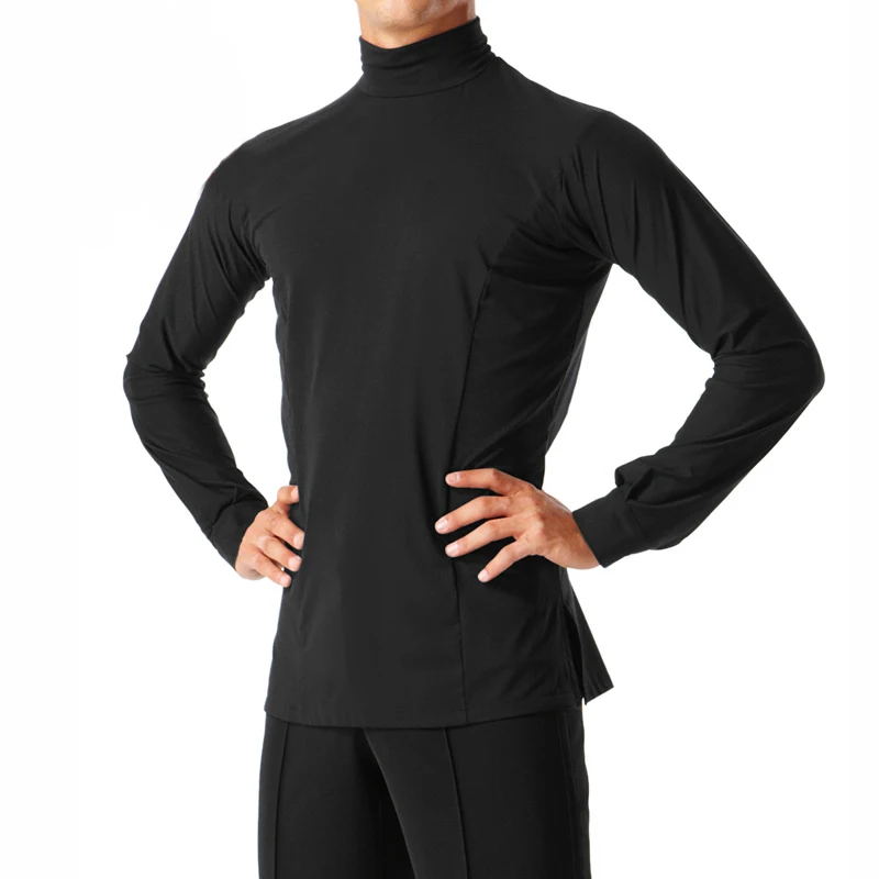 New Hot Latin Tops Men Costume Black Long Sleeve High Collar Adult Chacha Rumba Tango Professional Black Latin Dance Wear VDB644