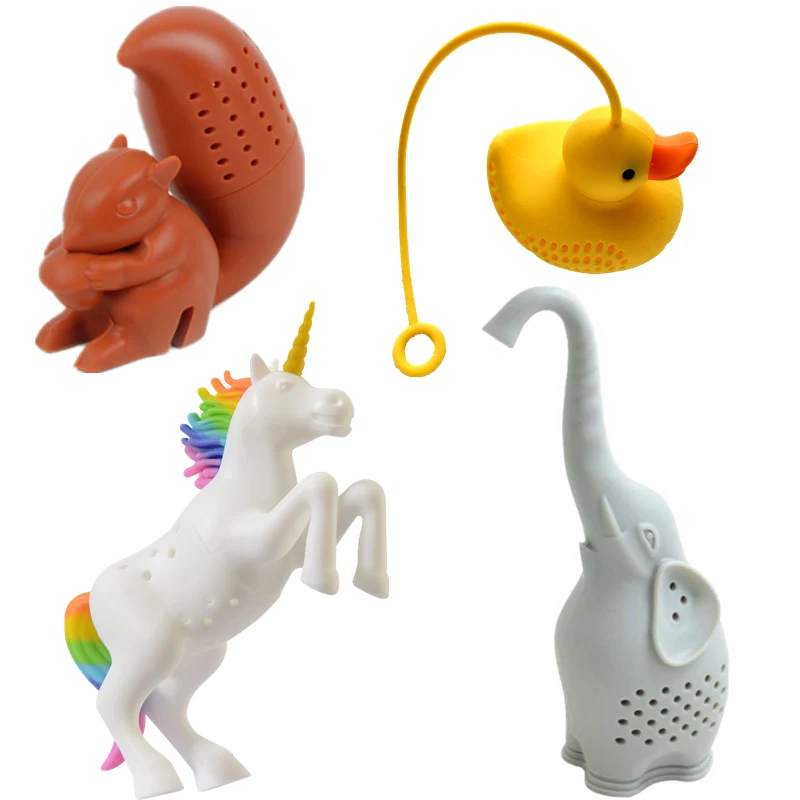 4-teiliges Elefanten-Set mit gelber Ente, Eichhörnchen, Einhorn, Silikon, Tee-Ei, Teefilter, Tee-Steiler-Sieb