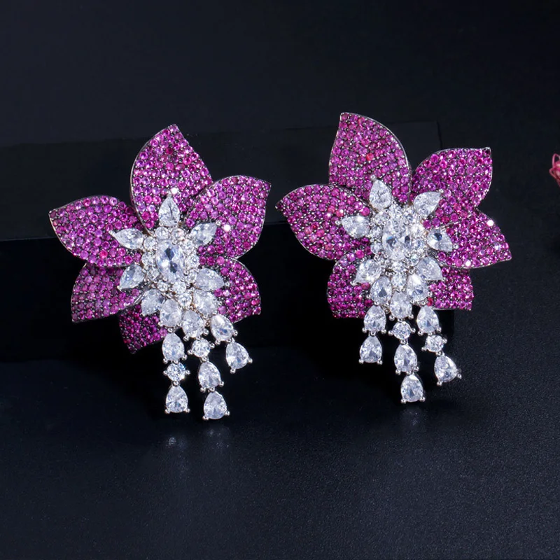 Pera eleganckie kobiety kolor srebrny biżuteria duże geometryczne Rose Red Flower Cubic cyrkon długie kolczyki wiszące dla pań Prom Party E369 — zdjęcie 4